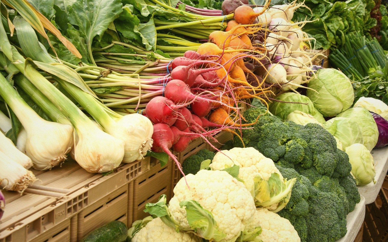 Bunches of radishes, carrots, cauliflower, broccoli and cabbage displayed at a market stall