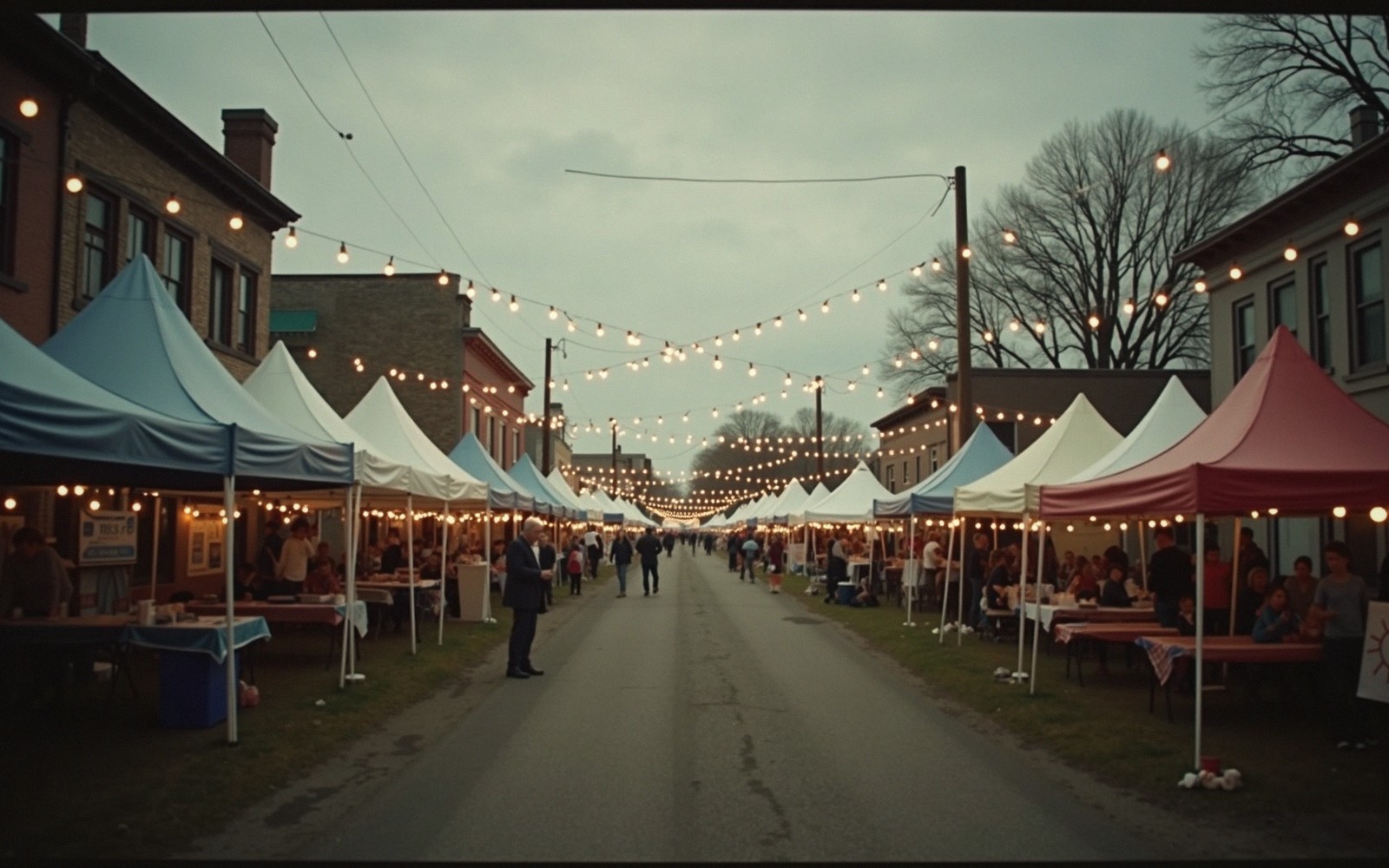 Market tents and string lights line a small-town street at dusk